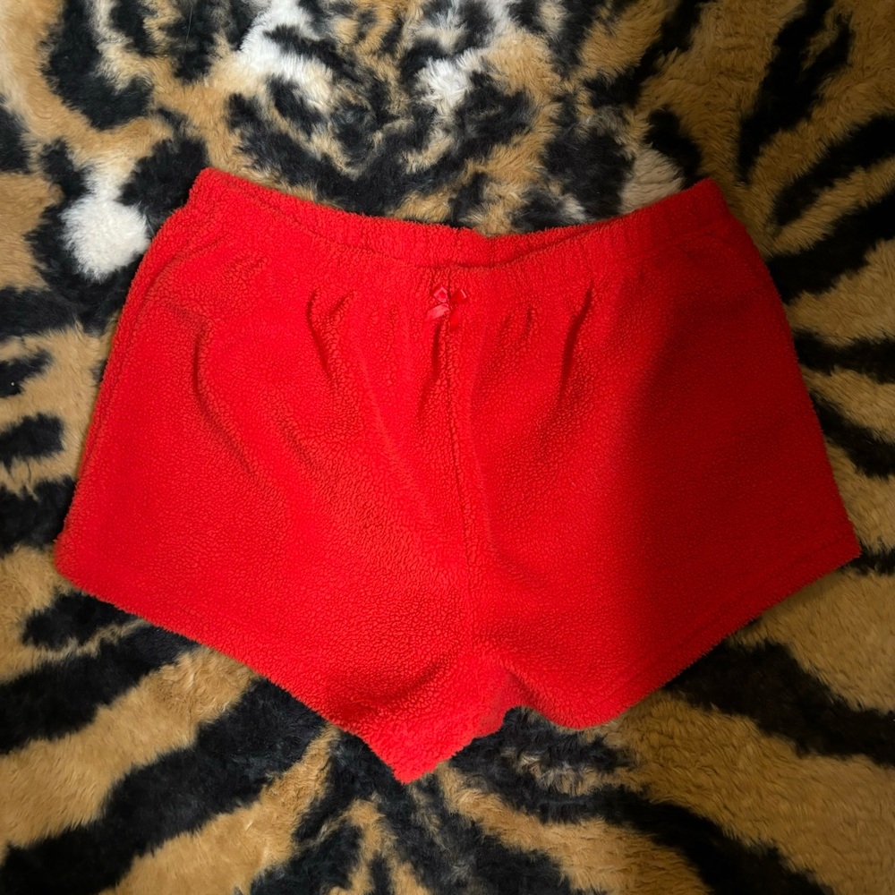 Cozy red fuzzy mini shorts